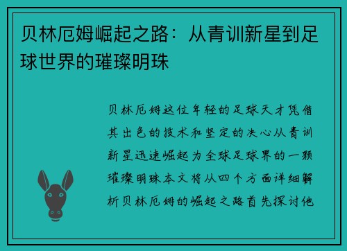 贝林厄姆崛起之路：从青训新星到足球世界的璀璨明珠